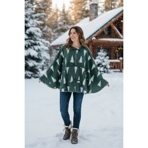 Unbranded Christmas Tree Poncho Women Green White Reversible Bow Tie One Size